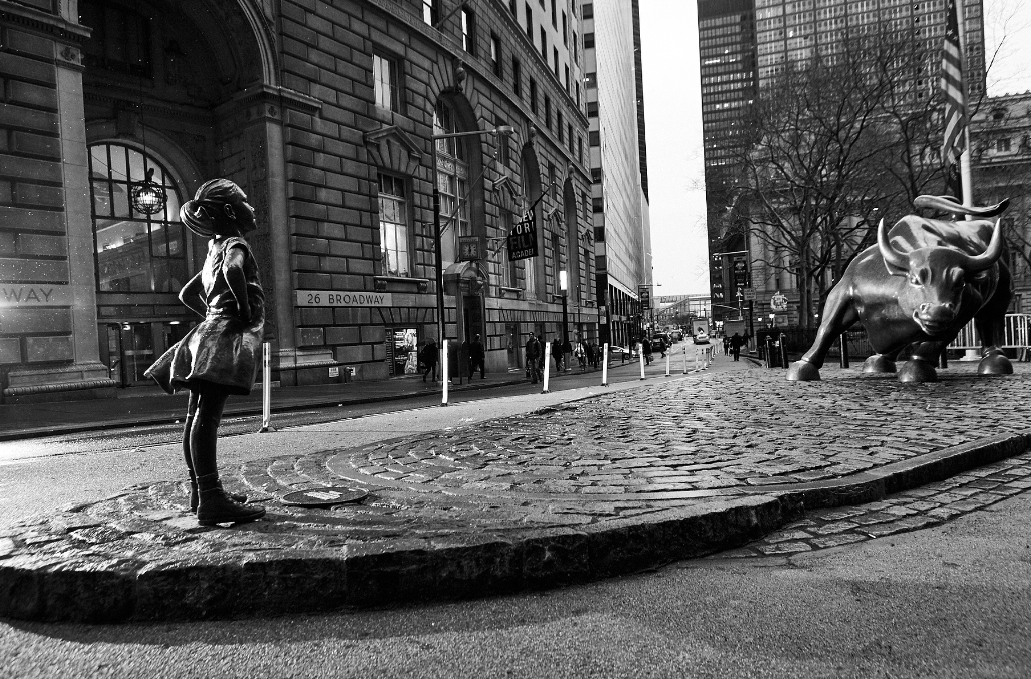 Black & white photograph from the Fearless Girl ad campaign