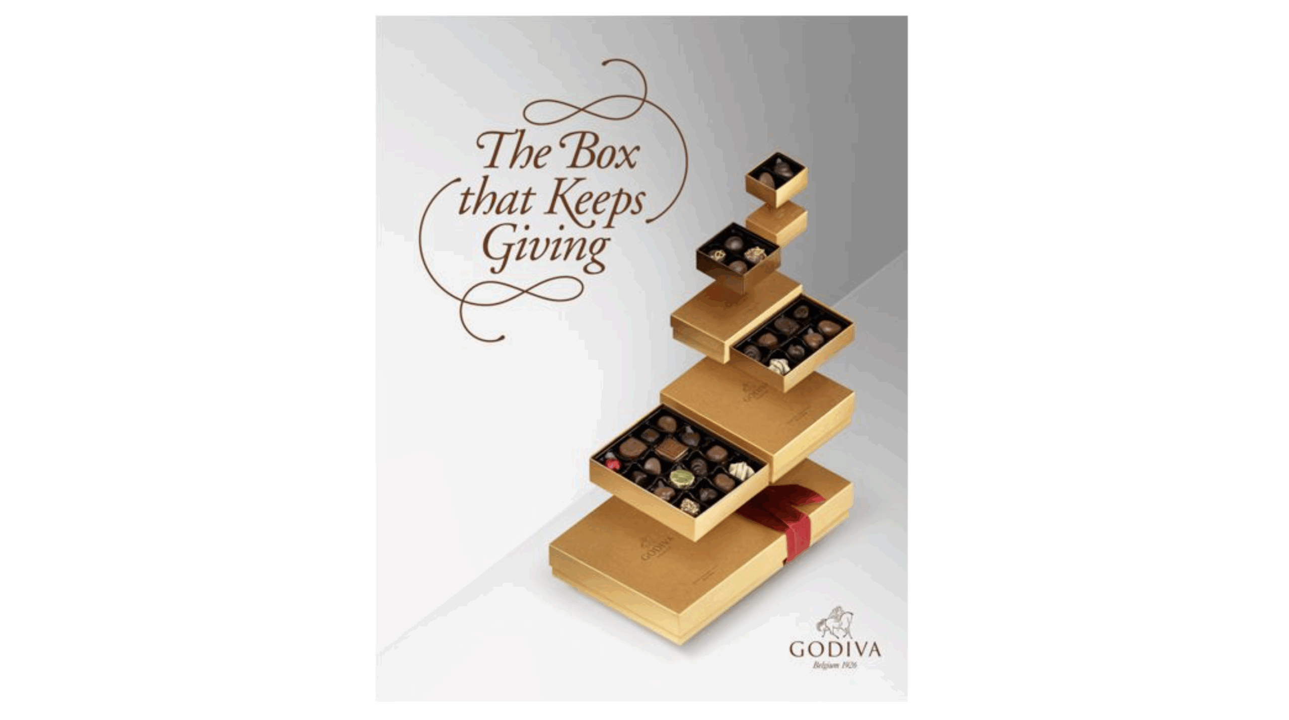 Ad featuring Godiva chocolates with the phrase "The Box that Keeps Giving"