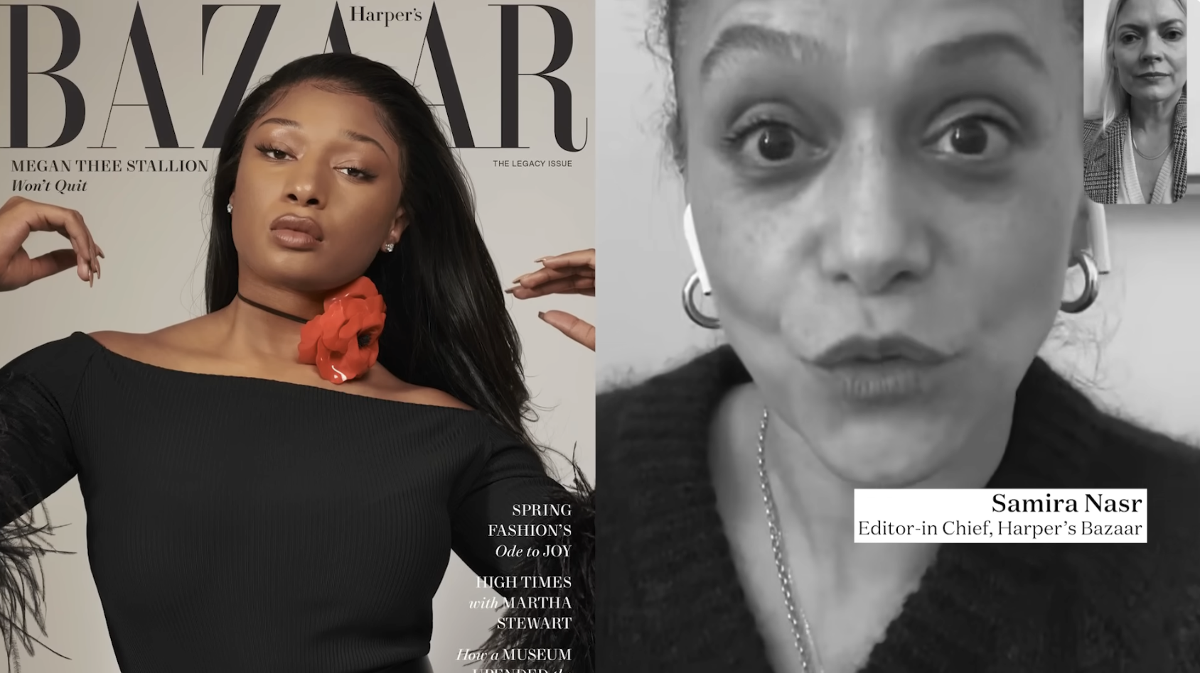 Cover of Harper's Bazaar with Megan Thee Stallion next to screenshot of zoom featuring Samira Nasr