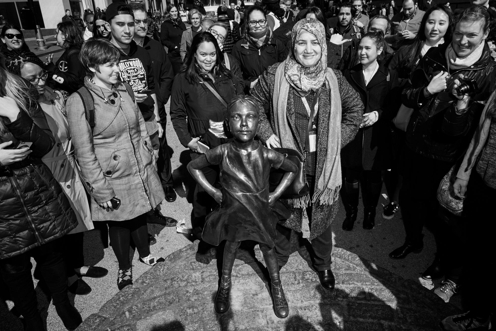 Black & white photograph from the Fearless Girl ad campaign