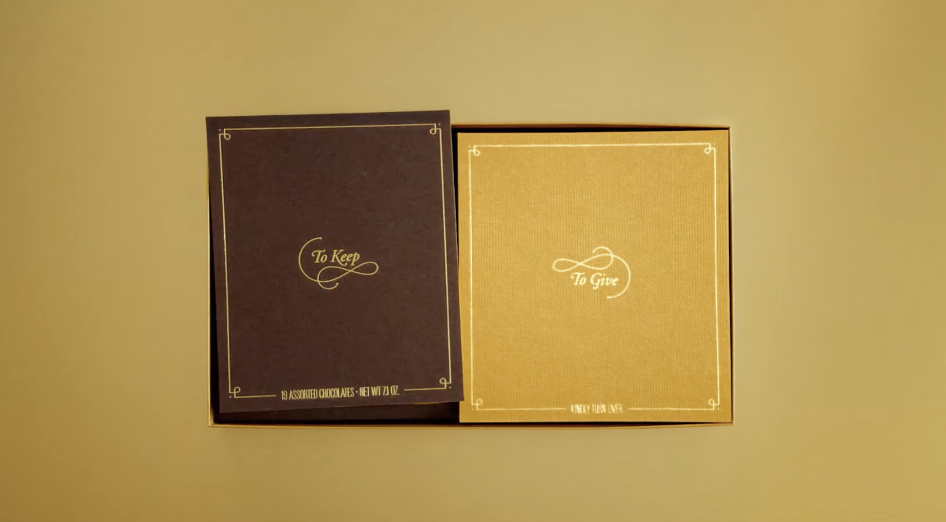 Godiva chocolate boxes labeled "To Keep" and "To Give" on a gold background