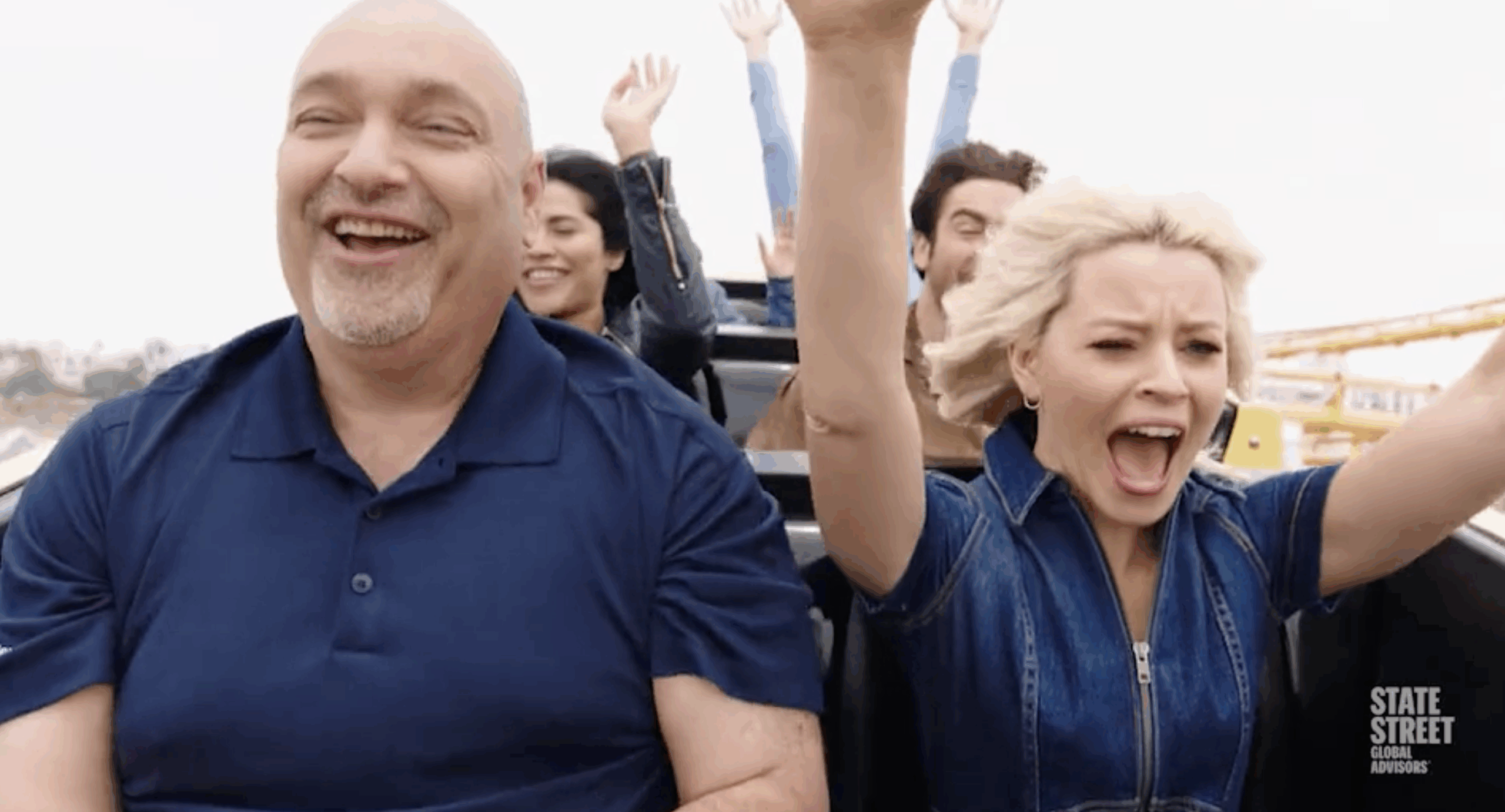 Screenshot from the "Crazy enough. to Work?" campaign with Elizabeth Banks and other on a roller coaster