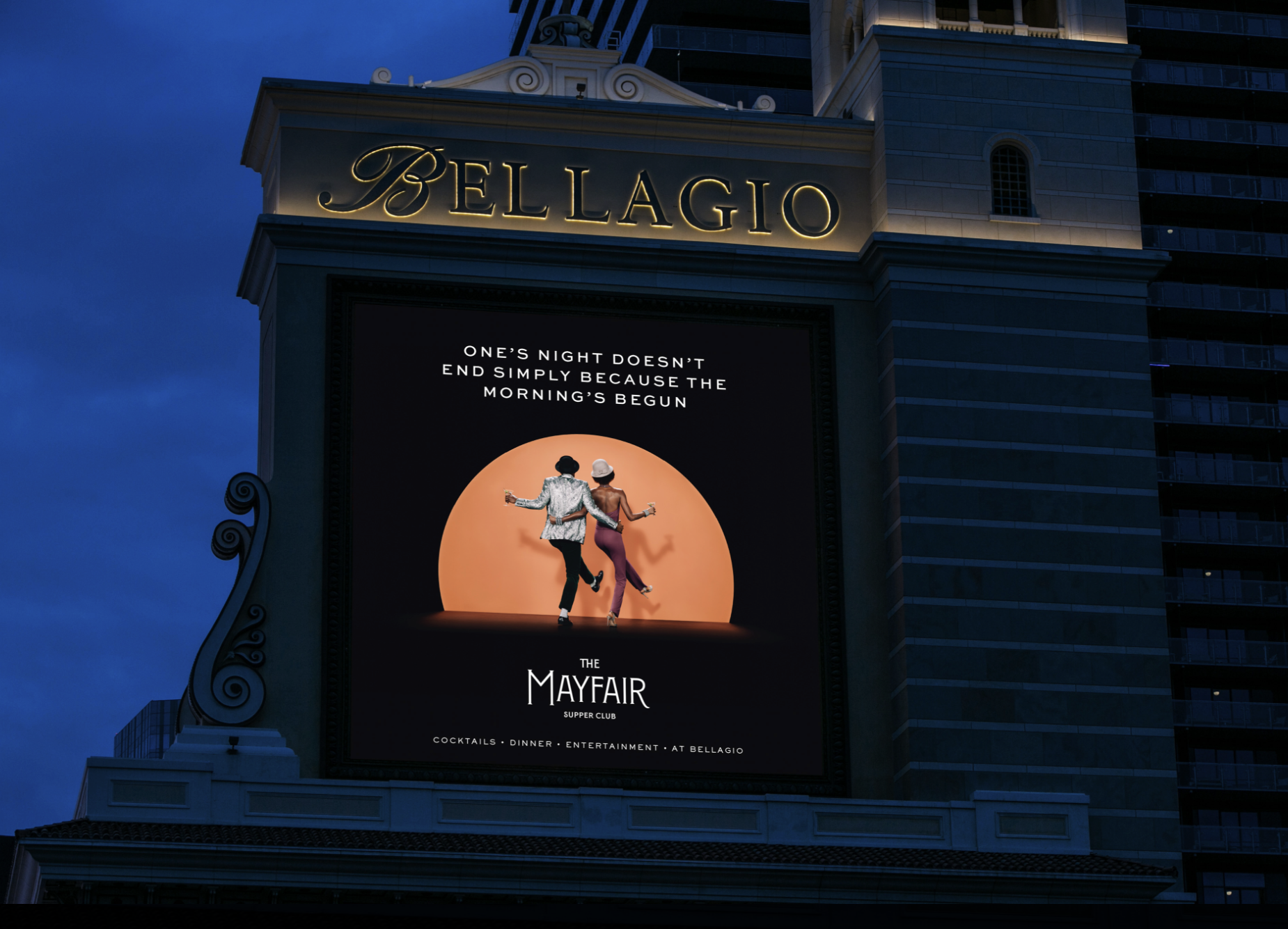 Photo of the Bellagio marquee displaying the Mayfair Supper Club ad