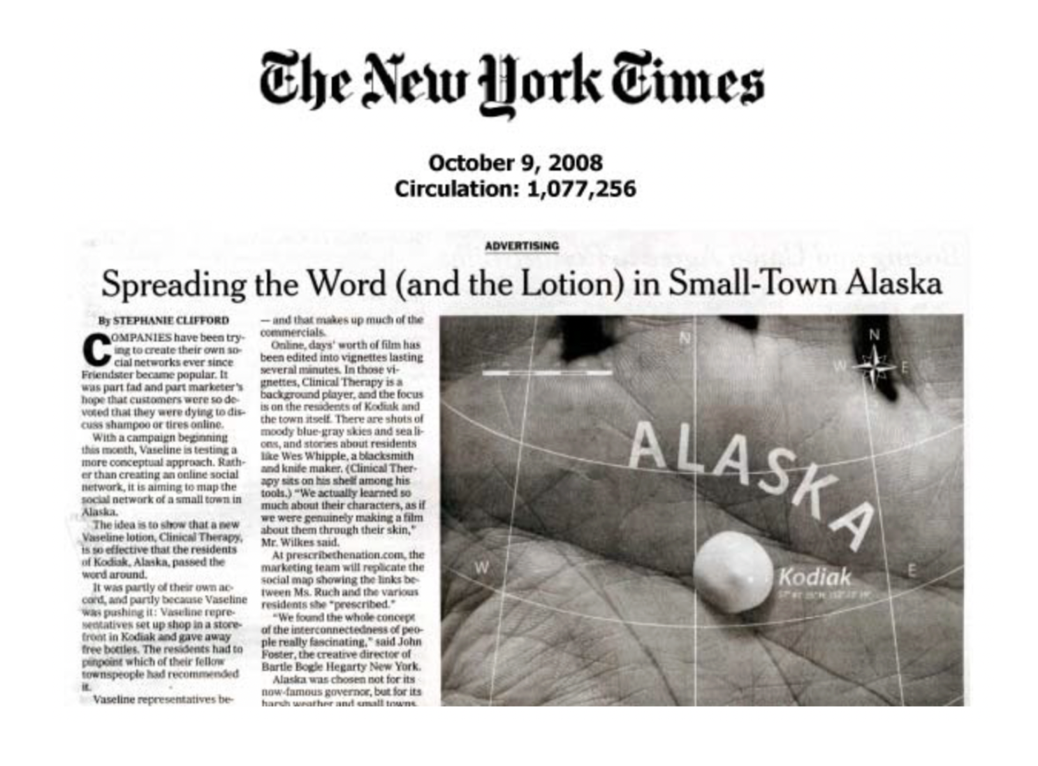 Screenshot of a New York Times article from October 9, 2008 titled "Spreading the Word (and the Lotion) in Small-Town Alaska